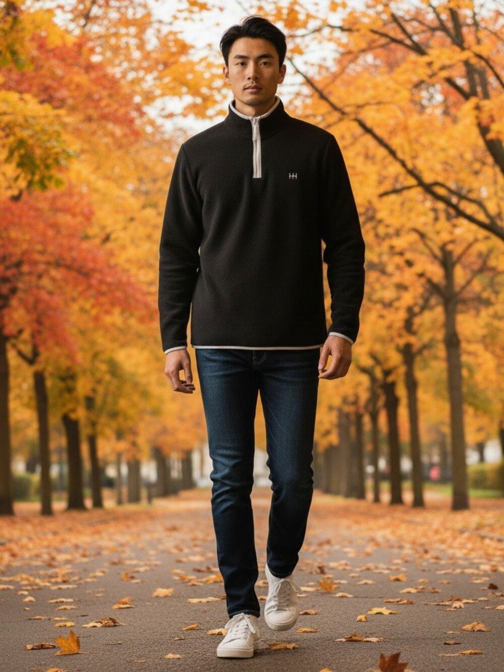 NEW Hudson North Half Zipper Fleece Sweatshirt Black with White Piping Large